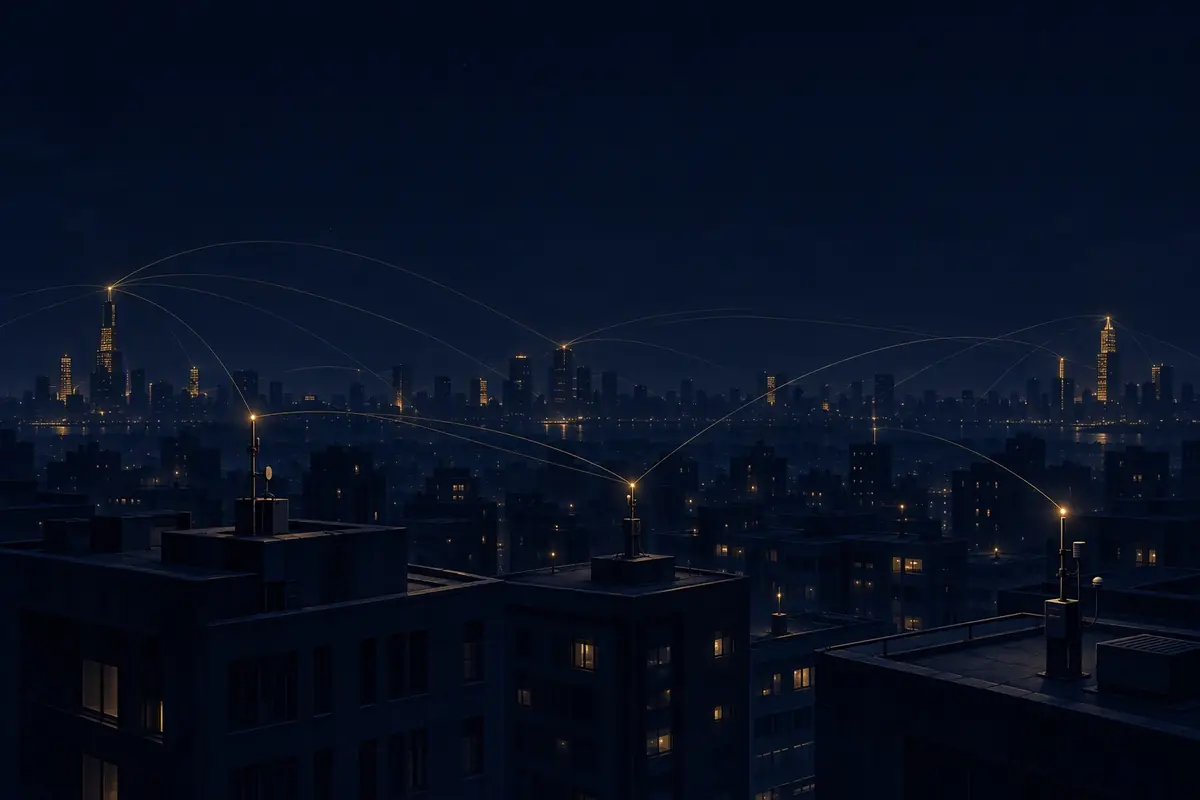 Une ville la nuit vue des toits : de fines antennes coiffées d'une lumière dorée captent des signaux tracés en arcs d'or depuis les tours lointaines.