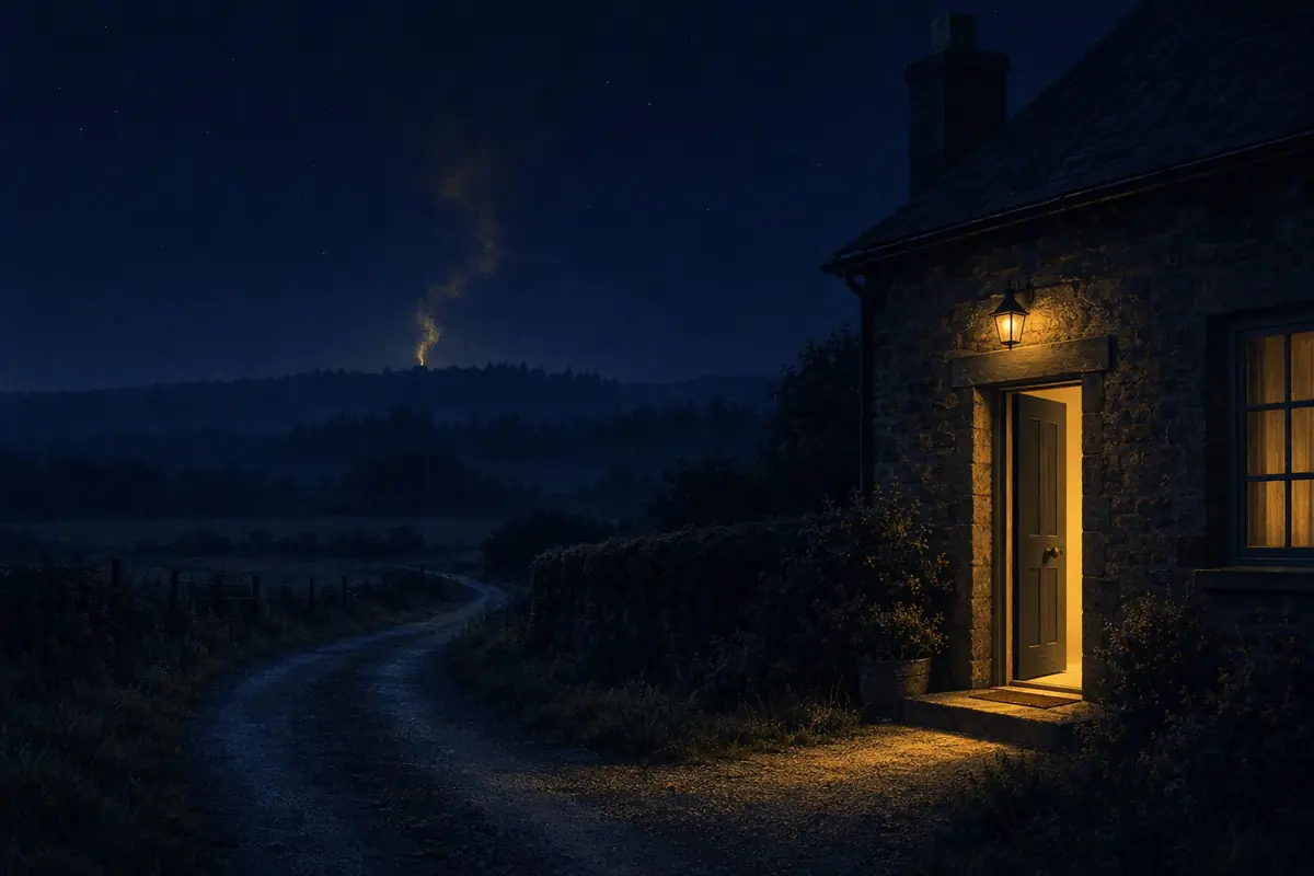 La nuit, un mince filet de fumée dorée s'élève au loin au-dessus des arbres ; au premier plan, la porte entrouverte d'une maison éclairée par une lanterne.